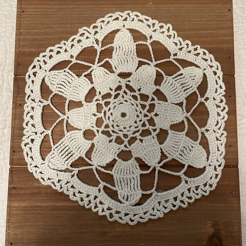 Hand crafted wall hook. Wood, 2 metal hooks with vintage crocheted doily.